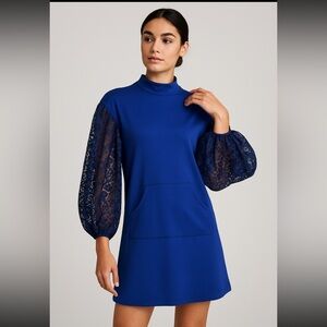 Anne Fontaine blue mock neck balloon lace sleeves mini dress